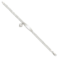 Sterling Silver Polished Curb Link ID Heart Dangle Bracelet