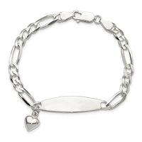 Sterling Silver Polished Figaro ID Heart Dangle Bracelet