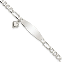 Sterling Silver Polished Figaro ID Heart Dangle Bracelet