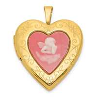 SS Gold-plated Brushed / Polished Pink Angel Resin Cameo 20mm Heart Locket