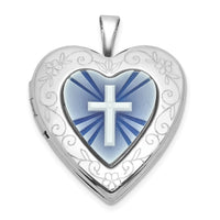 SS RH-pl Brushed And Polished Blue Cross Resin Cameo 20mm Heart Locket