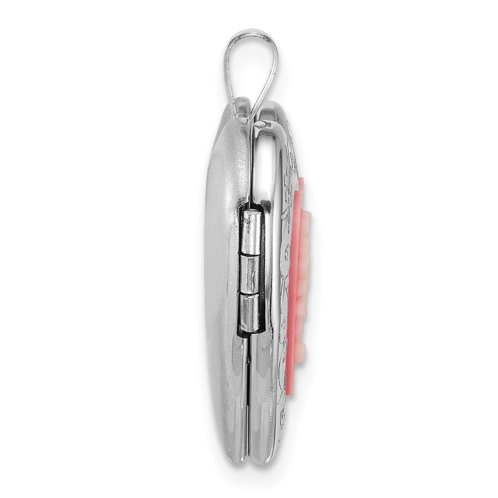 SS RH-pl Brushed And Polished Pink Flowers Resin Cameo 20mm Heart Locket