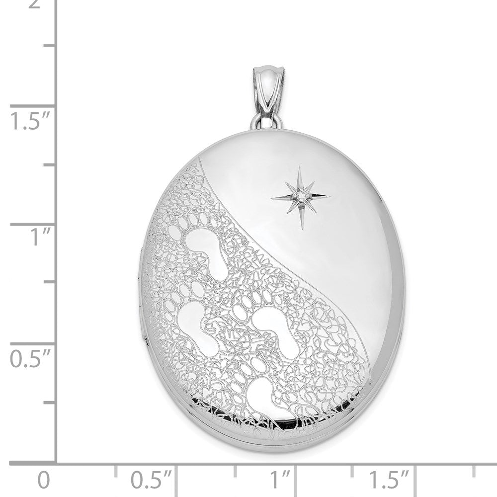 Sterling Silver Rhodium-plated & Diamond Footprints 34mm Oval Locket