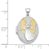 Sterling Silver Rhodium-plated & Gold-plated Guardian Angel Oval Locket
