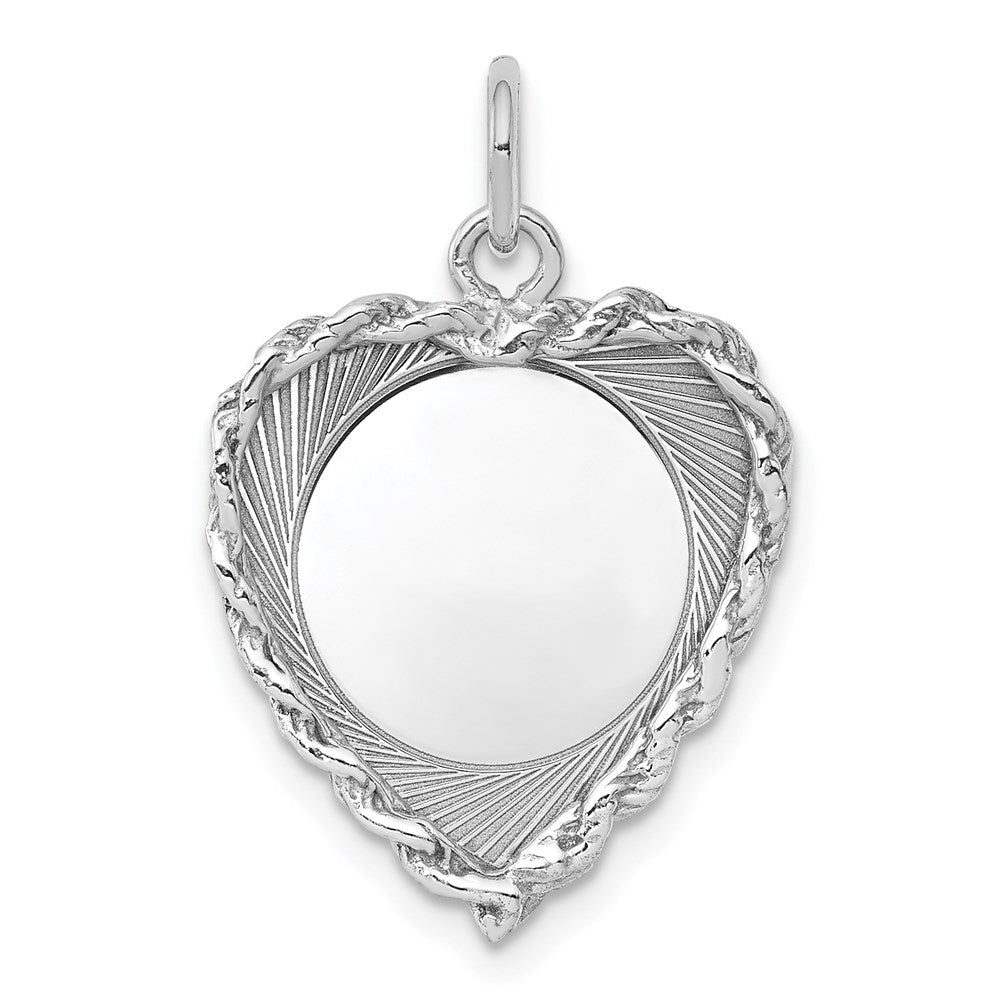Sterling Silver Rh-plt Engraveable Heart Polished Front/Back Disc Charm