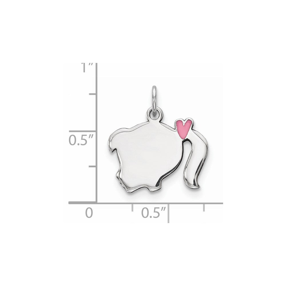 Sterling Silver Rhod-plate Pink Enamel Left Facing Girl Head Disc Charm