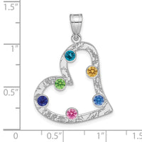 SSilver/Rh-plated 6 Birthstone Heart with SSilver Bezel Family Pendant
