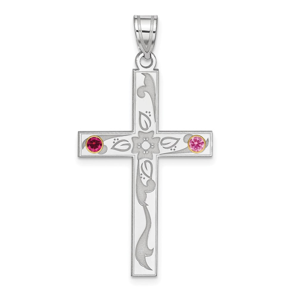 Sterling Silver Rh-plt/14k Bezel Crystal Family Cross Pendant