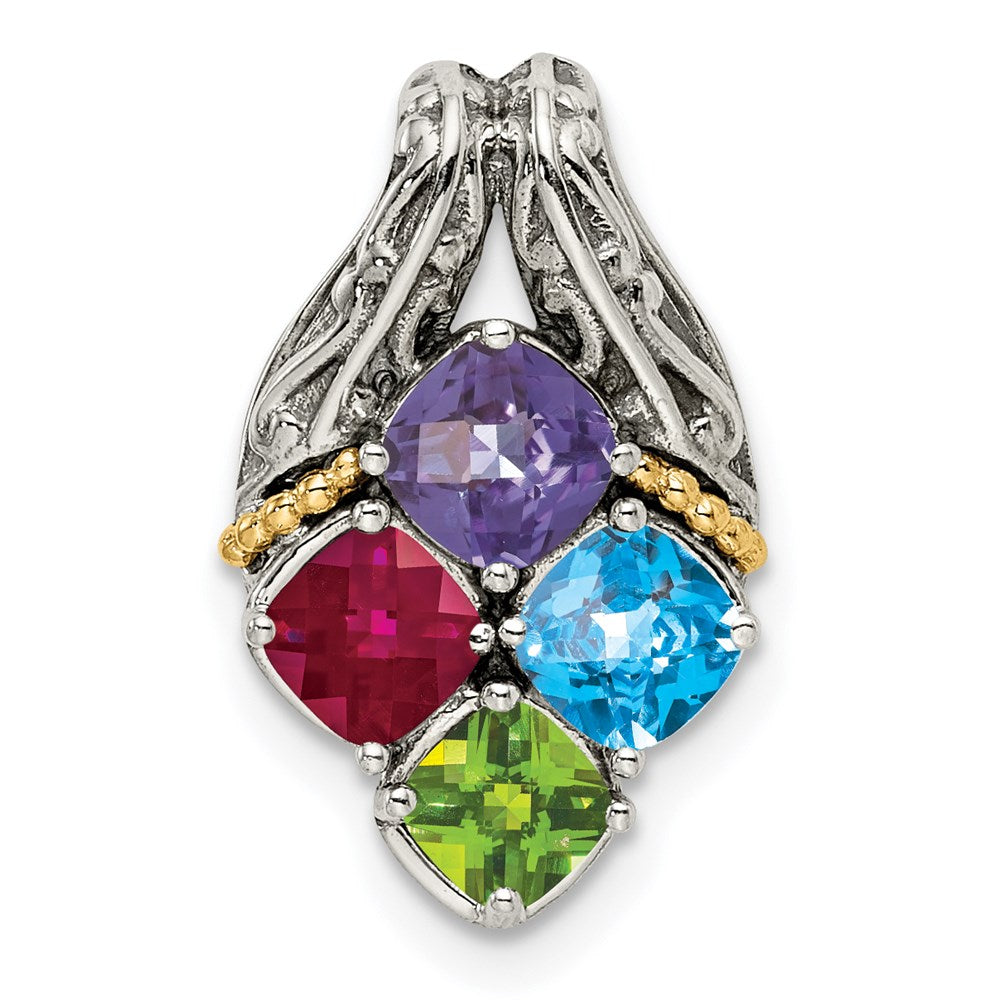 Sterling Silver Antiqued w/14k 4-stone Mother's Pendant Mounting