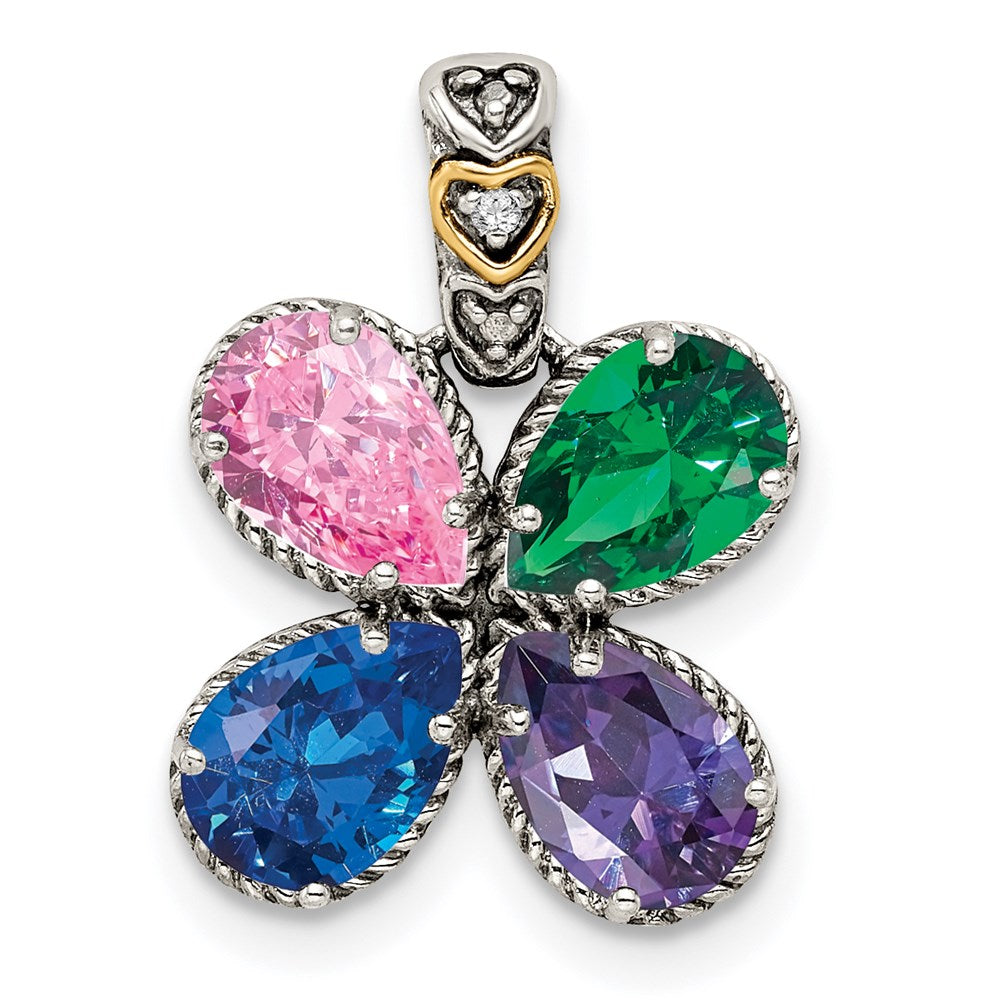 Sterling Silver Antiqued w/14k 4-stone w/Diamond Mother's Pendant