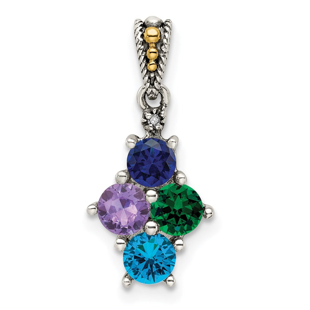 Sterling Silver Antiqued w/14k 4-stone w/Diamond Mother's Pendant