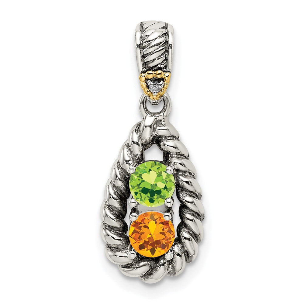 Sterling Silver Antiqued w/14k 2-stone w/Diamond Mothers Pendant Semi-Mount