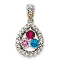 Sterling Silver Antiqued w/14k 3-stone w/Diamond Mother's Pendant