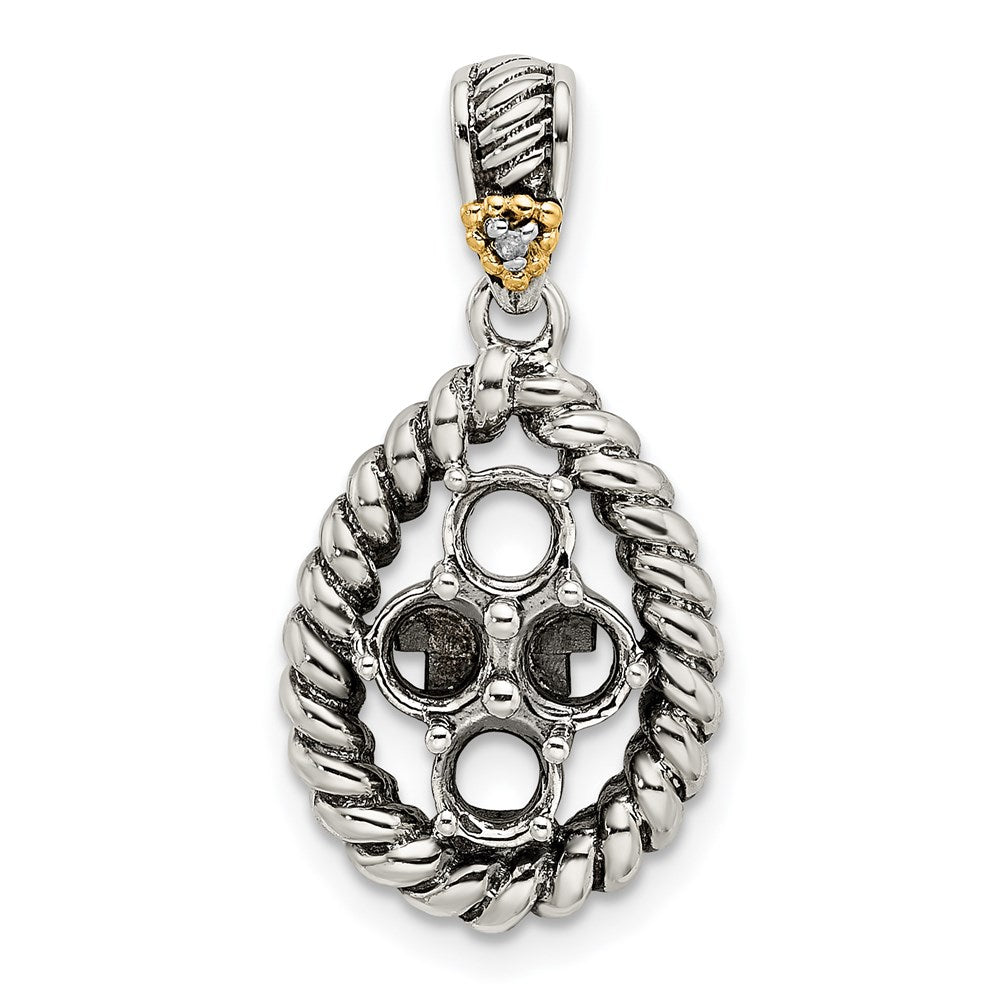 Sterling Silver Antiqued w/14k 4-stone w/Diamond Mothers Pendant Semi-Mount