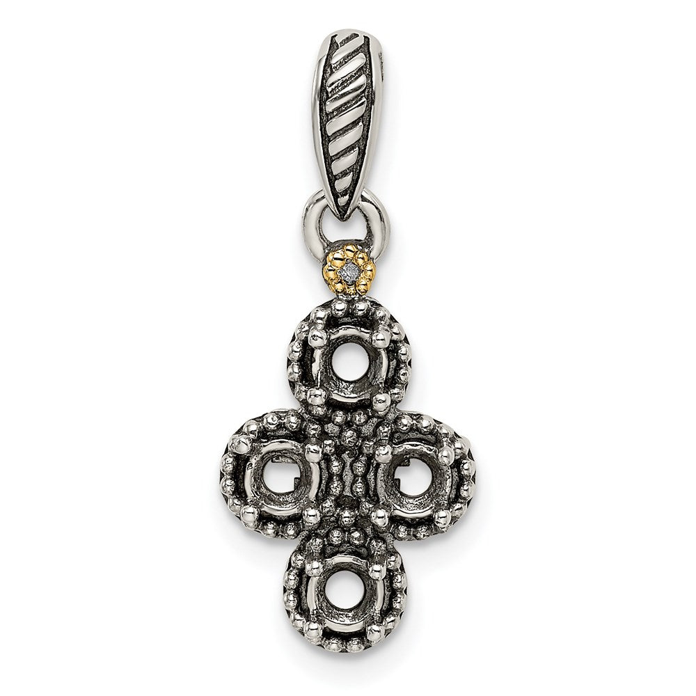 Sterling Silver Antiqued w/14k 4-stone w/Diamond Mothers Pendant Semi-Mount