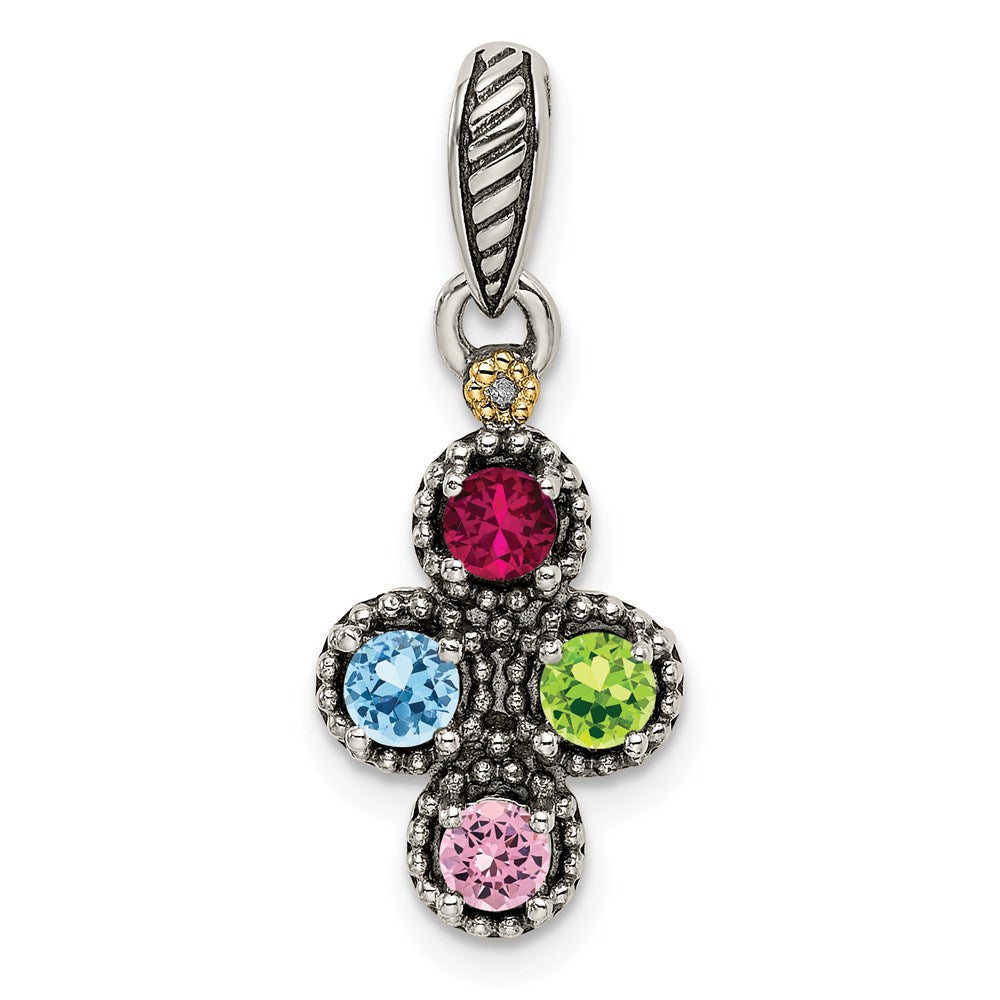 Sterling Silver Antiqued w/14k 4-stone w/Diamond Mothers Pendant Semi-Mount