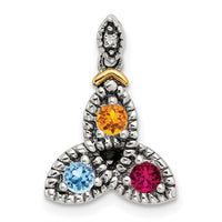 Sterling Silver Antiqued w/14k 3-stone w/Diamond Mother's Pendant