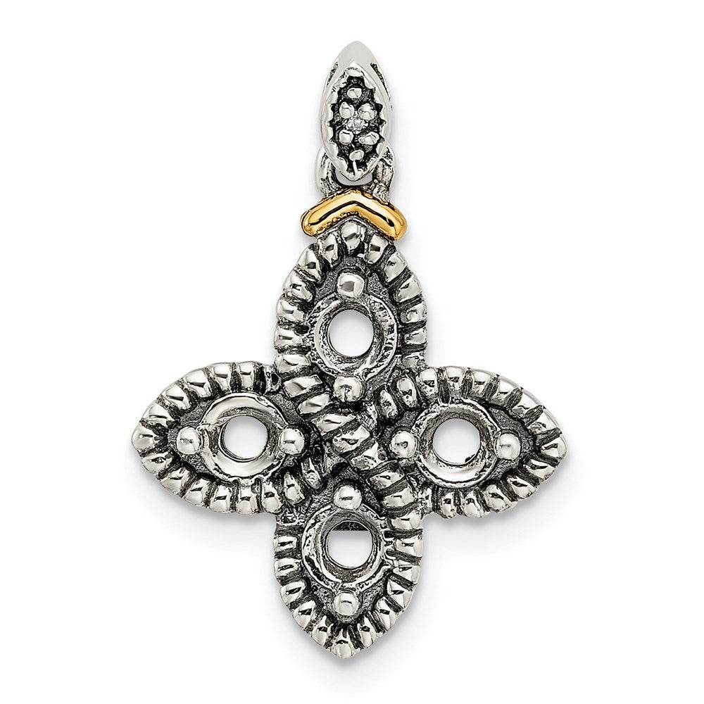 Sterling Silver Antiqued w/14k 4-stone w/Diamond Mothers Pendant Semi-Mount