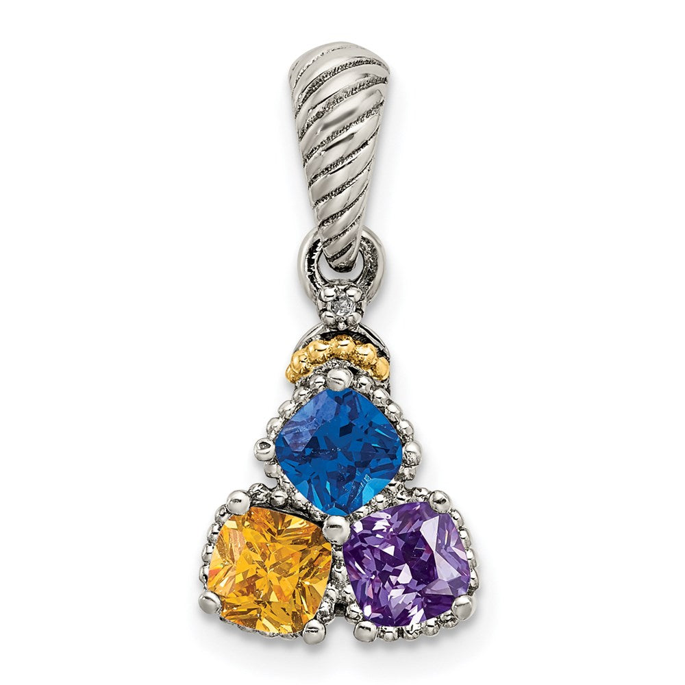 Sterling Silver Antiqued w/14k 3-stone w/Diamond Mother's Pendant