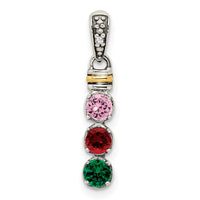 Sterling Silver Antiqued w/14k 3-stone w/Diamond Mother's Pendant