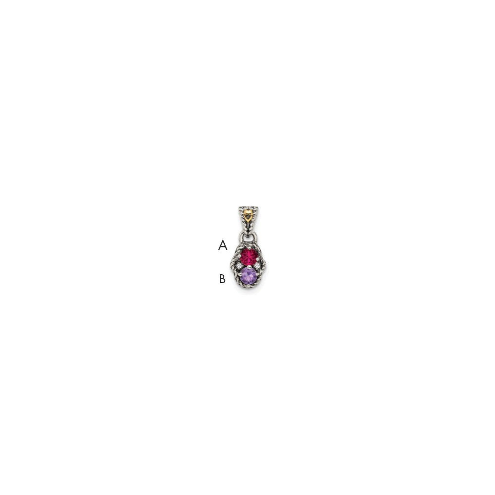 Sterling Silver Antiqued w/14k 2-stone w/Diamond Mother's Pendant