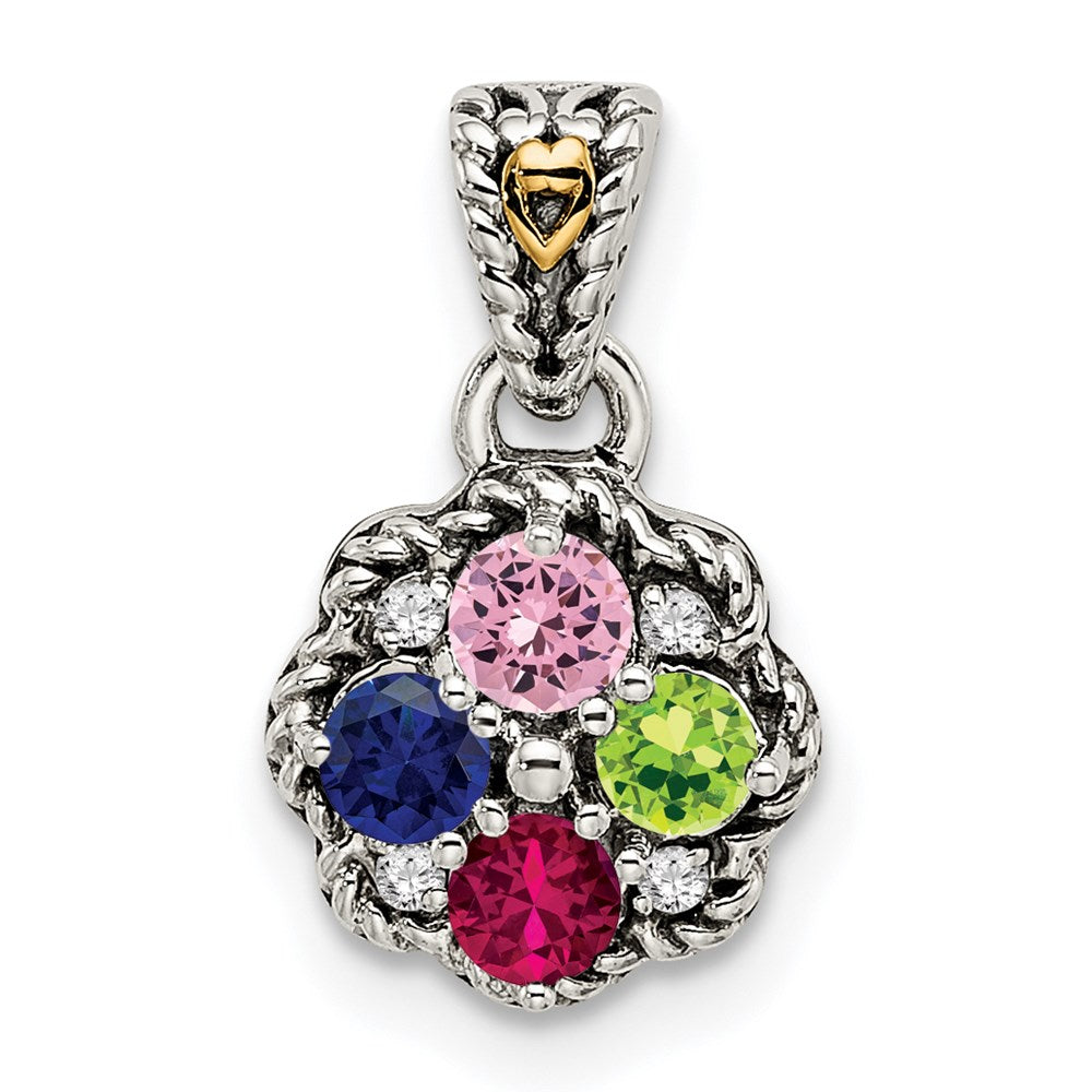 Sterling Silver Antiqued w/14k 4-stone w/Diamond Mothers Pendant Semi-Mount