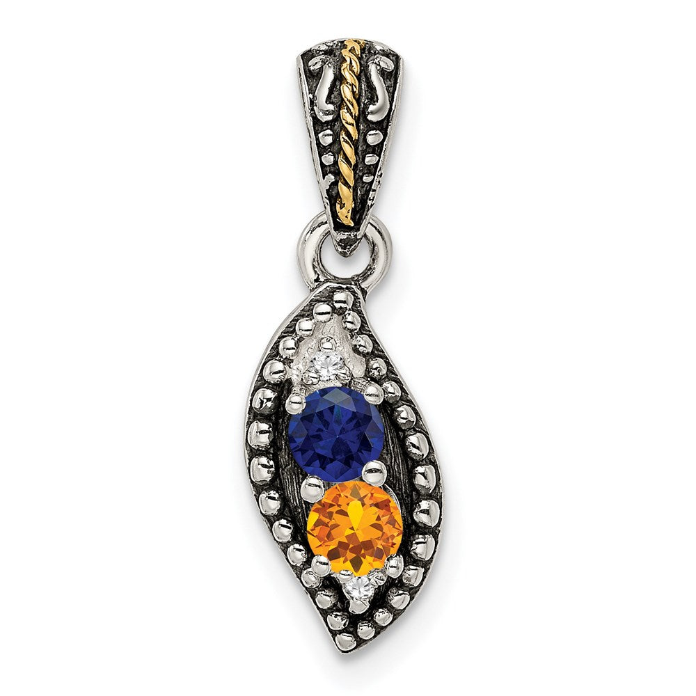 Sterling Silver Antiqued w/14k 2-stone w/Diamond Mothers Pendant Semi-Mount
