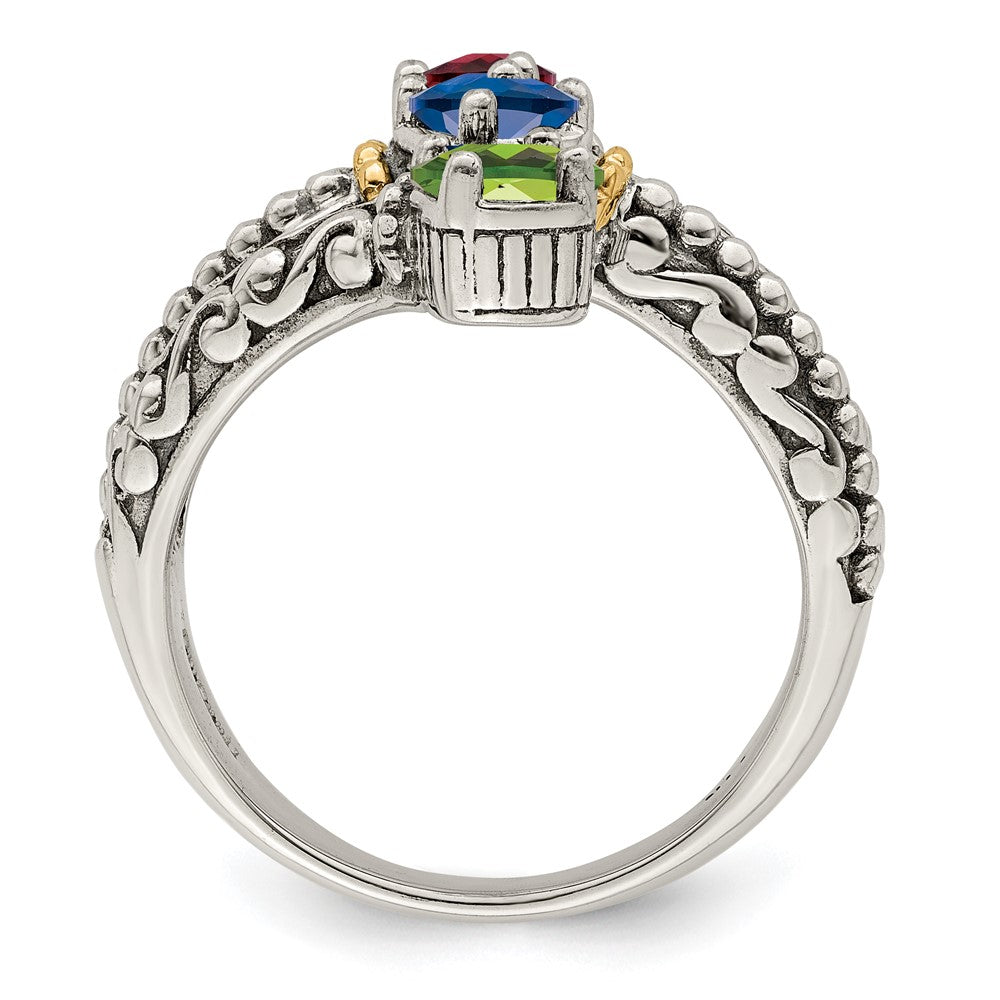 Sterling Silver Antiqued w/14k 3-stone Mother's Ring