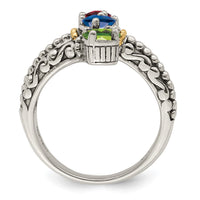 Sterling Silver Antiqued w/14k 3-stone Mother's Ring