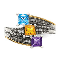 Sterling Silver Antiqued w/14k 3-stone w/Diamond Mother's Ring