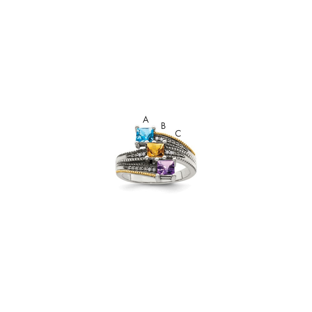 Sterling Silver Antiqued w/14k 3-stone w/Diamond Mother's Ring