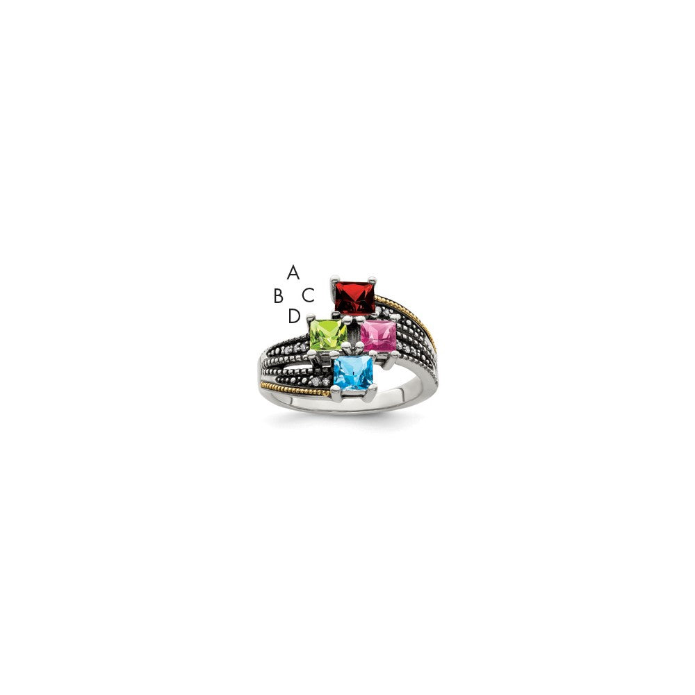 Sterling Silver Antiqued w/14k 4-stone w/Diamond Genuine Mother's Ring
