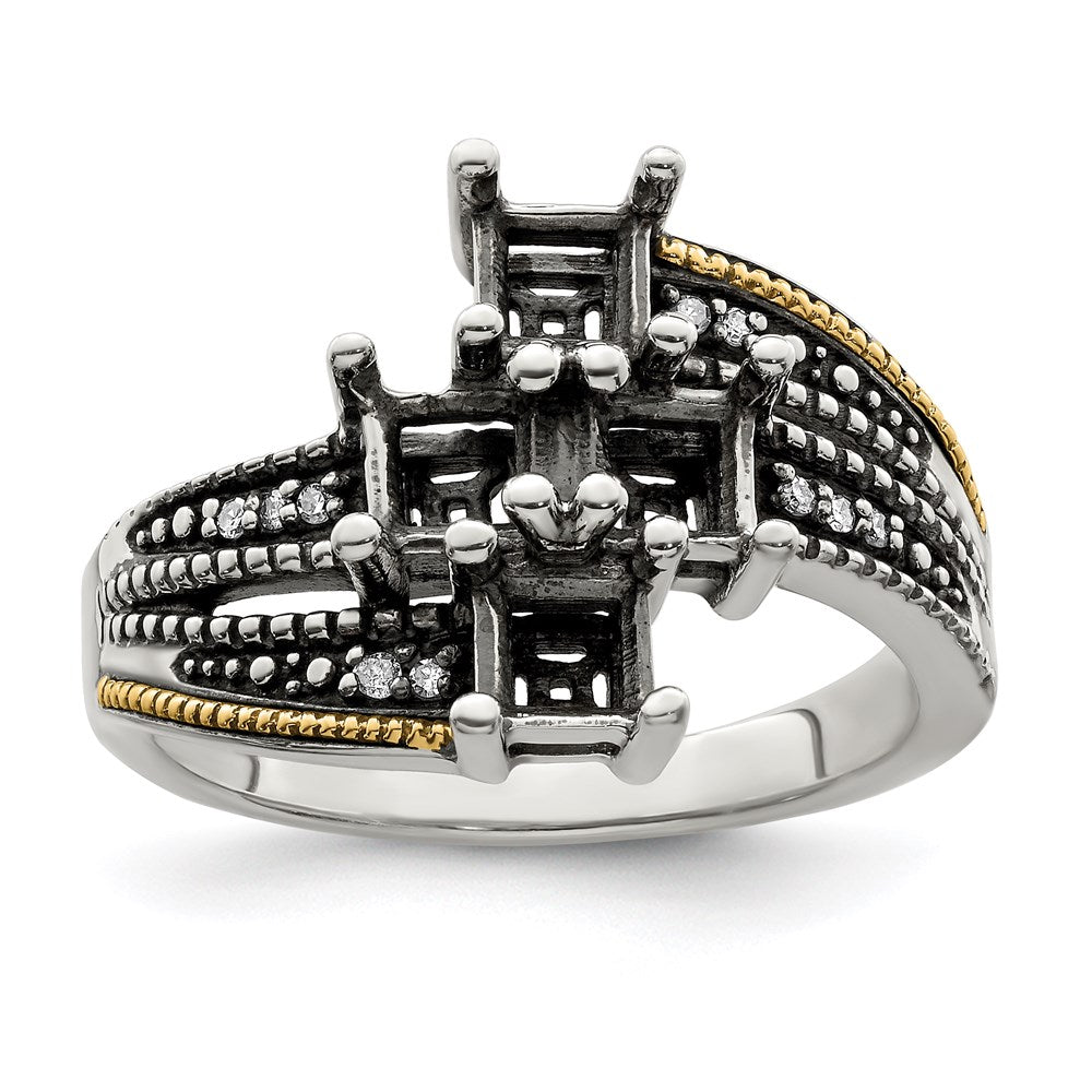 Sterling Silver Antiqued w/14k 4-stone w/Diamond Mother's Ring