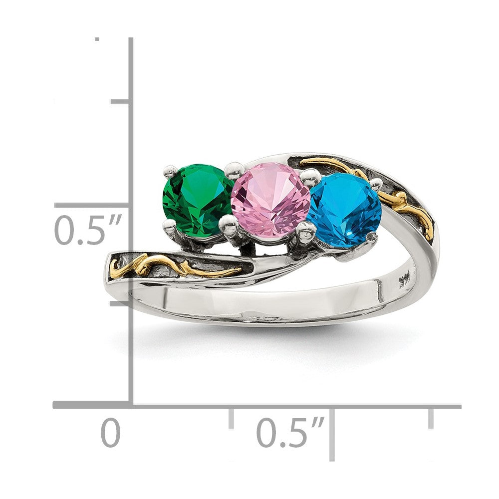 Sterling Silver Antiqued w/14k 3-stone Mother's Ring