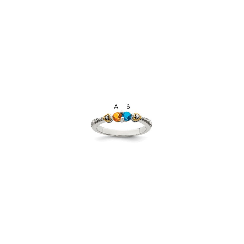 Sterling Silver Antiqued w/14k 2-stone w/Diamond Mother's Ring