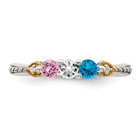 Sterling Silver Antiqued w/14k 3-stone w/Diamond Mother's Ring