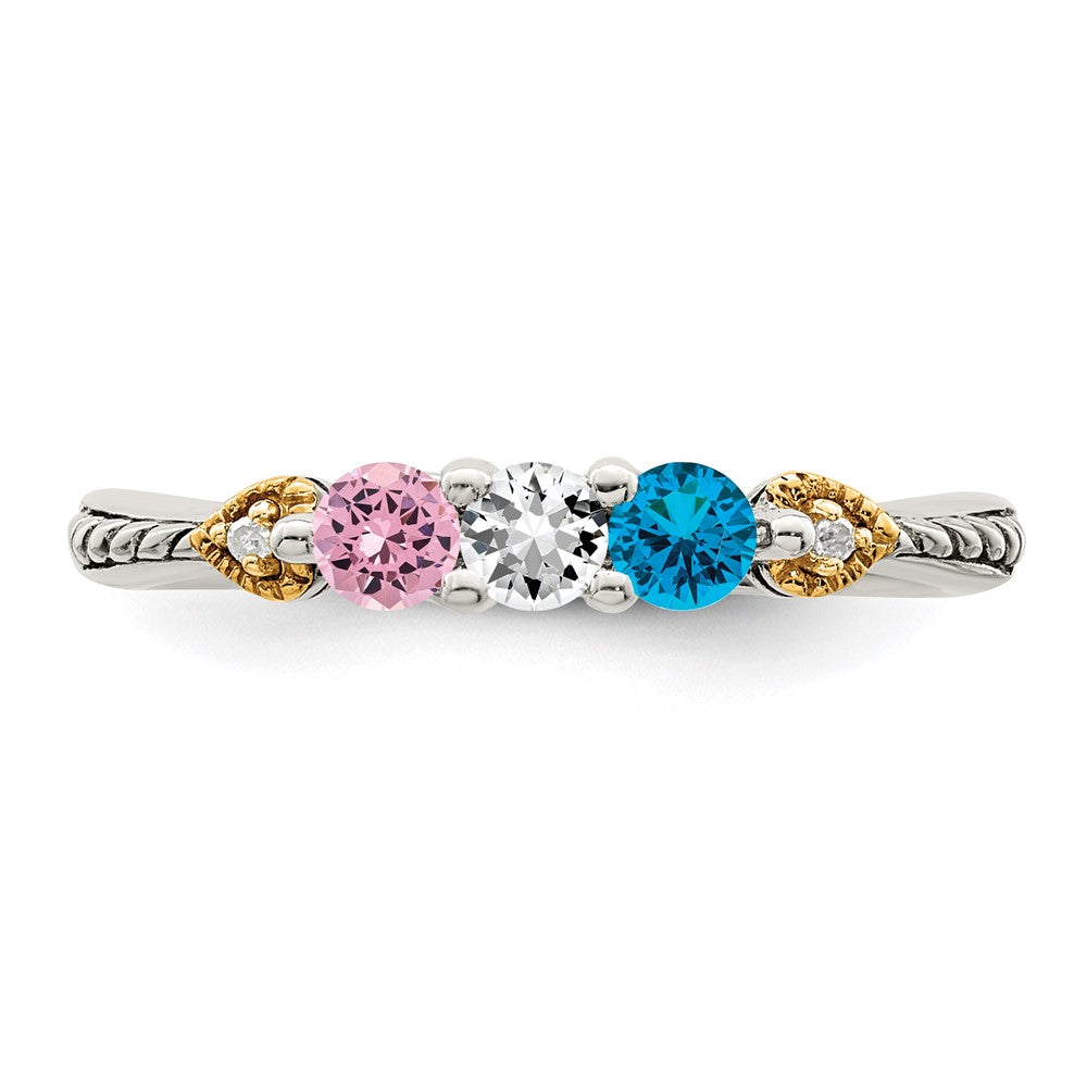 Sterling Silver Antiqued w/14k 3-stone w/Diamond Mother's Ring