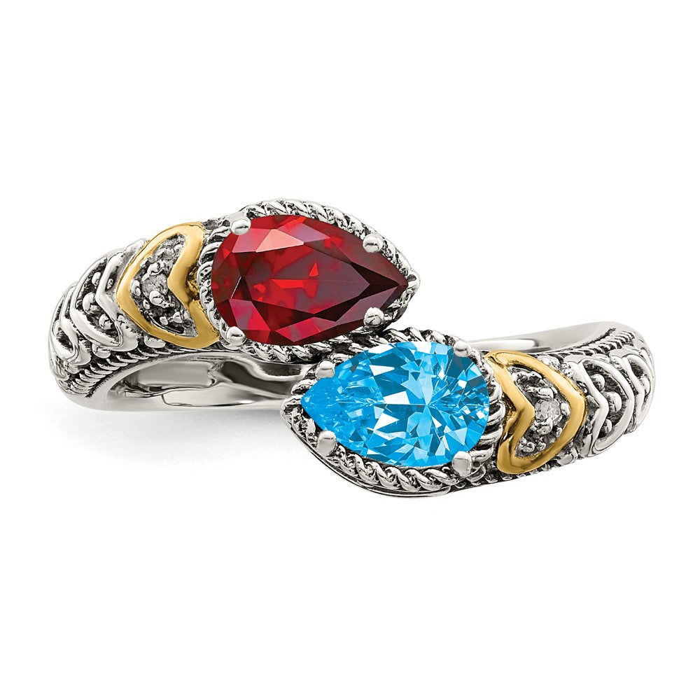 Sterling Silver Antiqued w/14k 2-stone w/Diamond Mother's Ring Semi-Mount