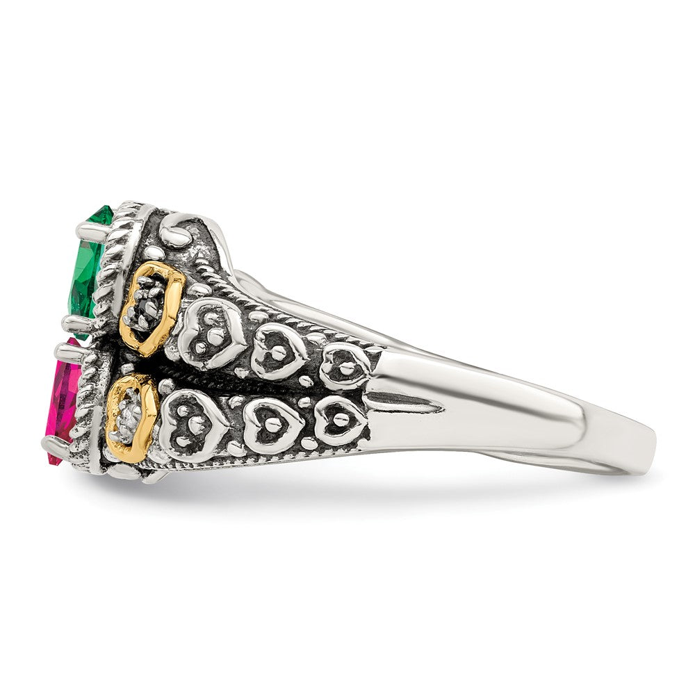 Sterling Silver Antiqued w/14k 3-stone w/Diamond Mother's Ring Semi-Mount