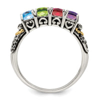 Sterling Silver Antiqued w/14k 4-stone w/Diamond Mother's Ring