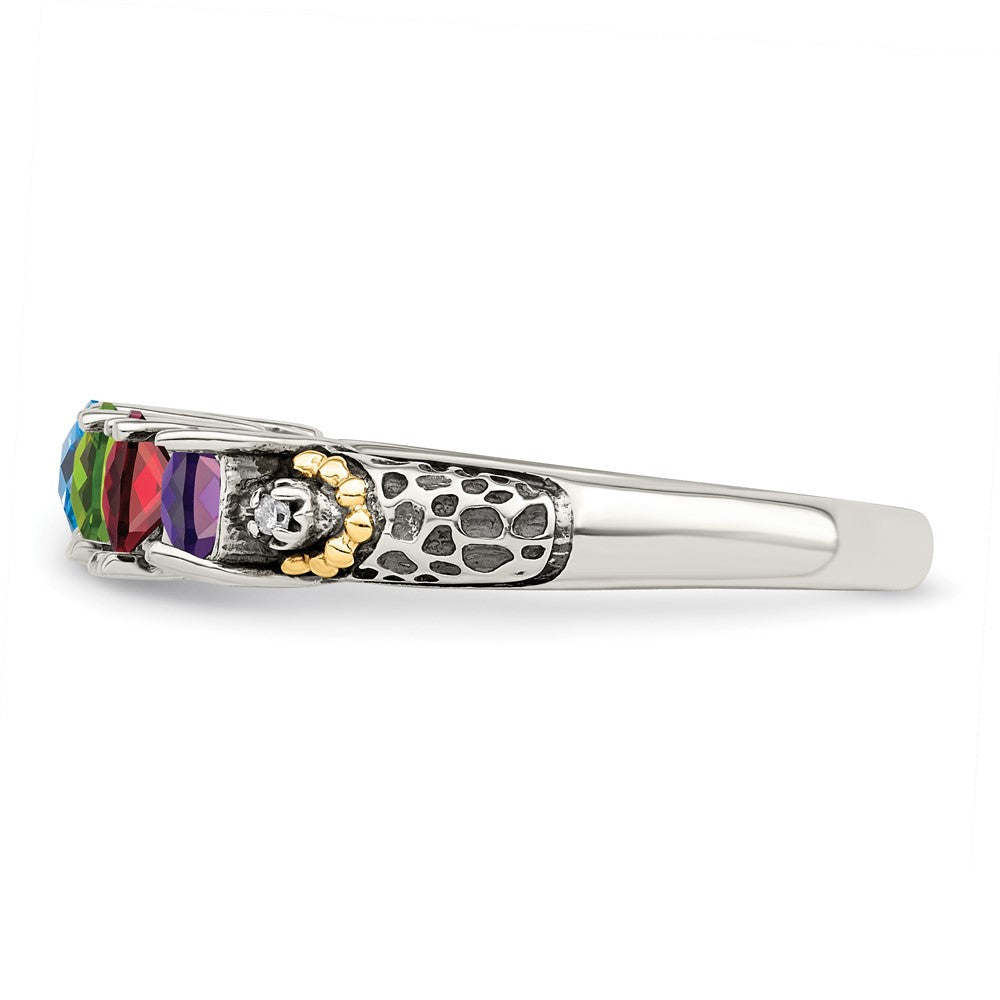 Sterling Silver Antiqued w/14k 4-stone w/Diamond Mother's Ring