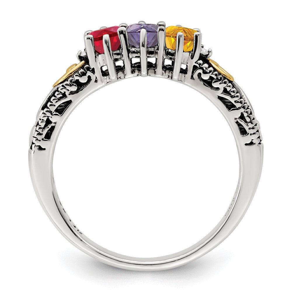 Sterling Silver Antiqued w/14k 3-stone w/Diamond Mother's Ring