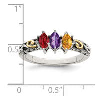 Sterling Silver Antiqued w/14k 3-stone w/Diamond Mother's Ring Semi-Mount