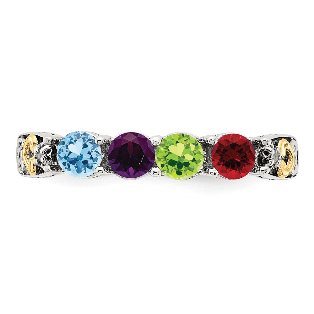 Sterling Silver Antiqued w/14k 4-stone w/Diamond Mother's Ring