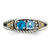 Sterling Silver Antiqued w/14k 2-stone w/Diamond Mother's Ring Semi-Mount