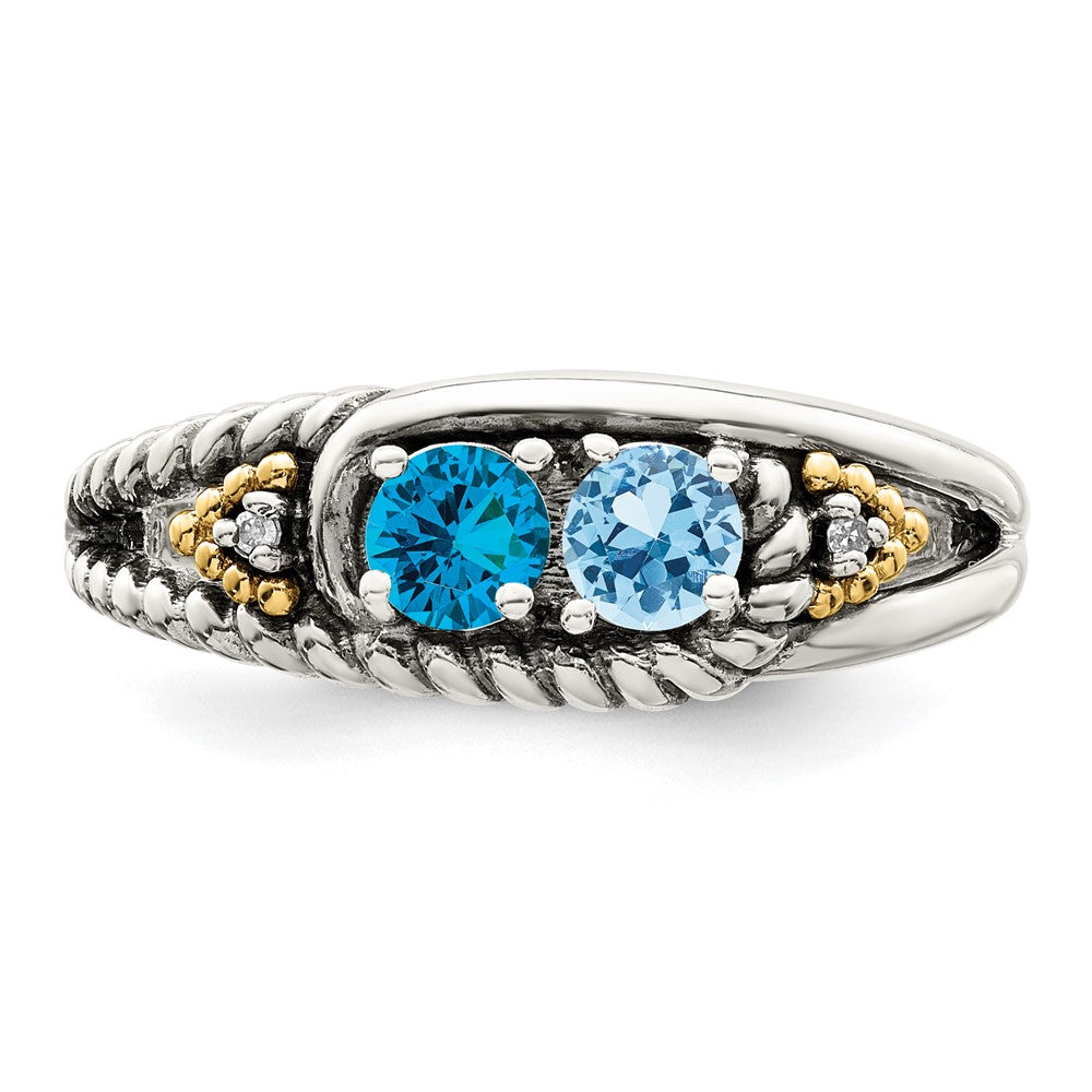 Sterling Silver Antiqued w/14k 2-stone w/Diamond Mother's Ring Semi-Mount