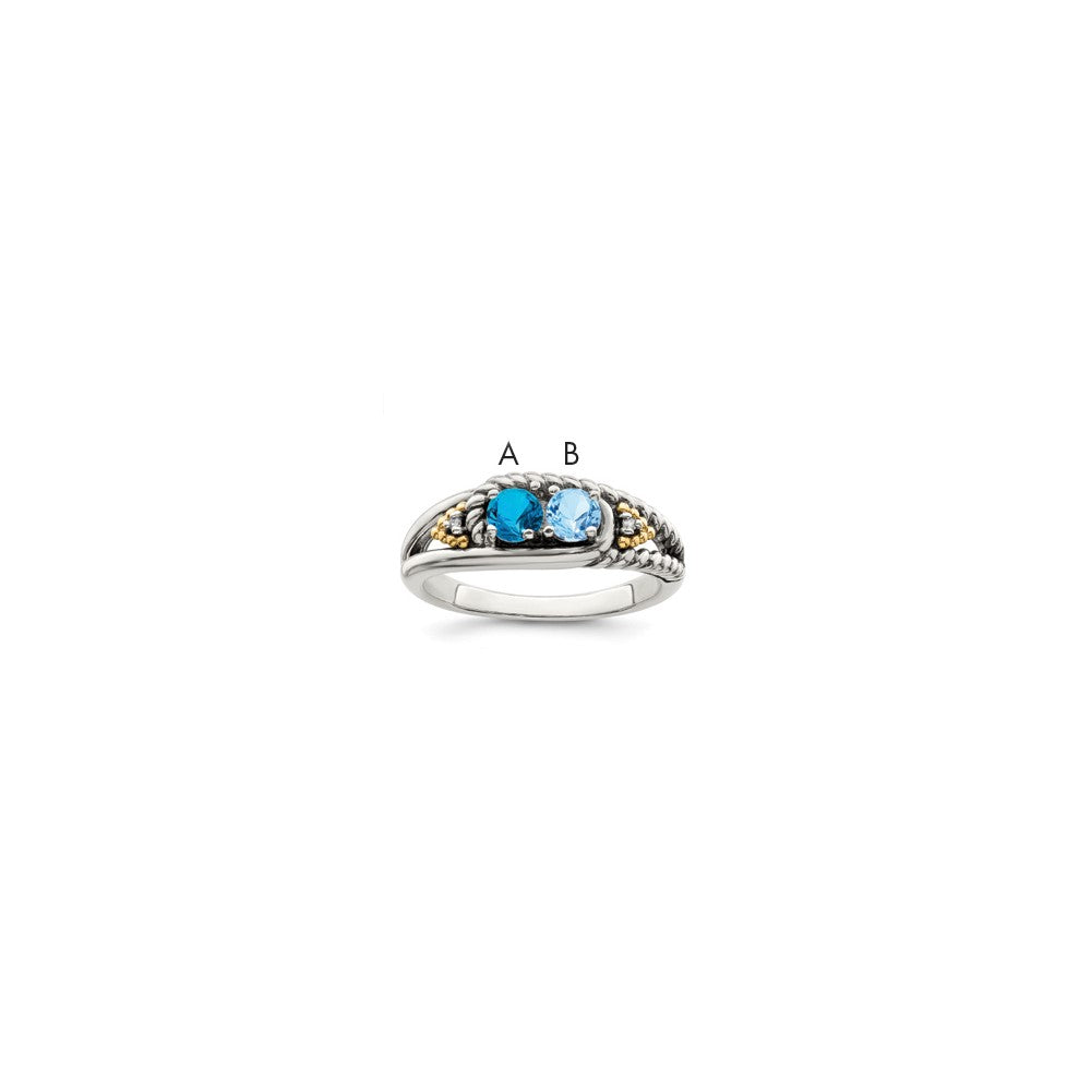 Sterling Silver Antiqued w/14k 2-stone w/Diamond Mother's Ring Semi-Mount