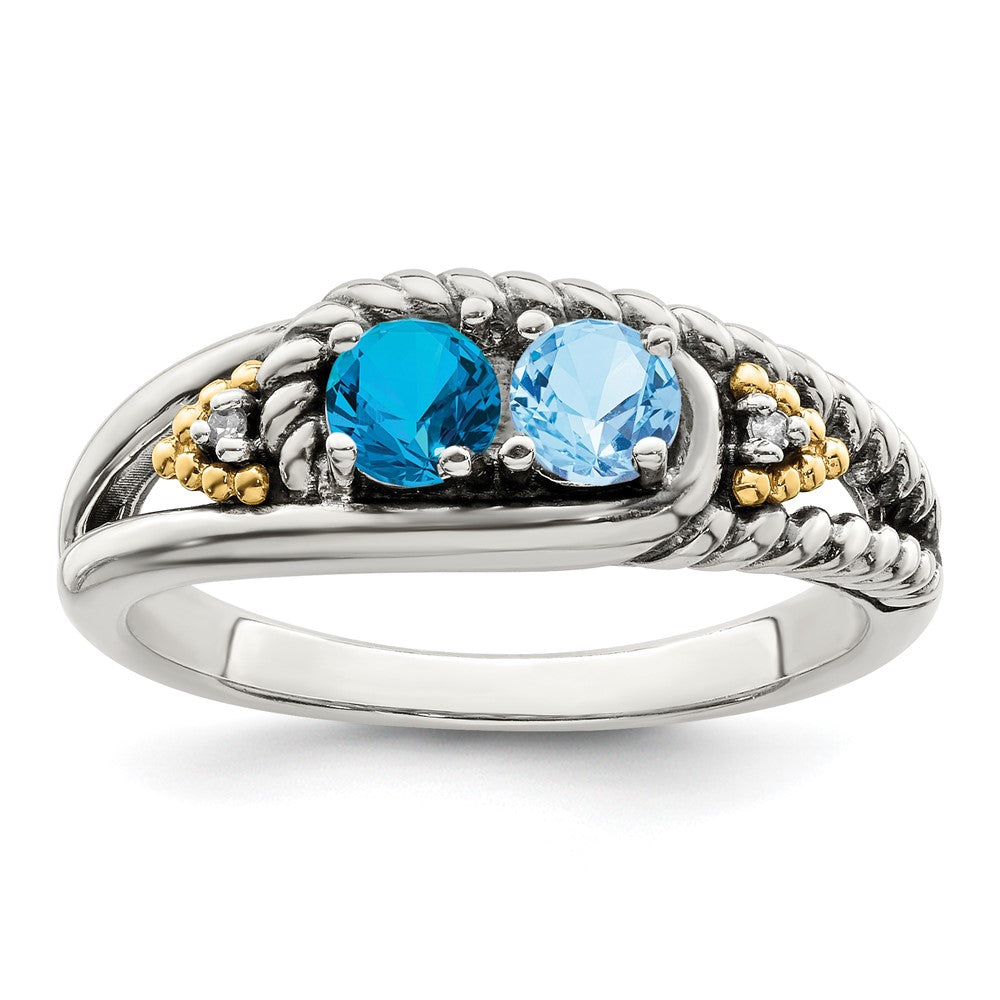 Sterling Silver Antiqued w/14k 2-stone w/Diamond Mother's Ring Semi-Mount