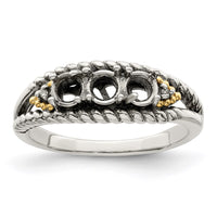 Sterling Silver Antiqued w/14k 3-stone w/Diamond Mother's Ring Semi-Mount