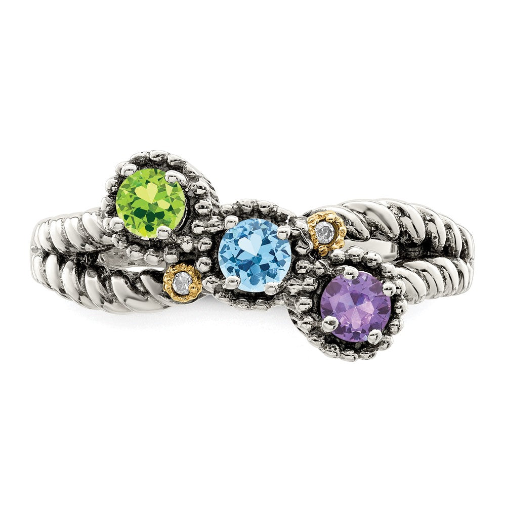 Sterling Silver Antiqued w/14k 3-stone w/Diamond Mother's Ring